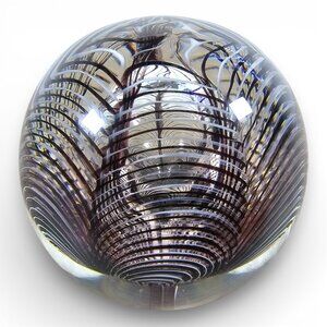 Glass Paperweight Abstract Swirls Black White Clear Round Decorative 2.5"
